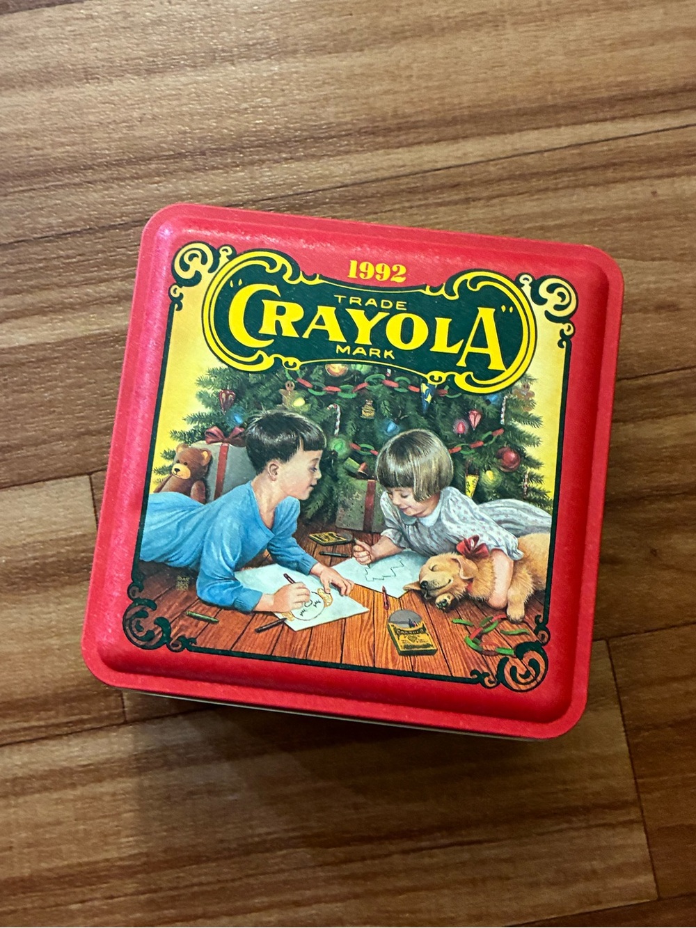 Crayola Red Decorative Tin with Vintage Holiday Illustration